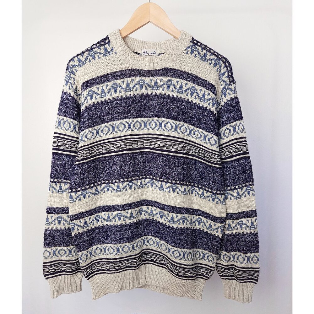 Vintage linen  pattern crew neck light knit sweater pullover jumper men, women